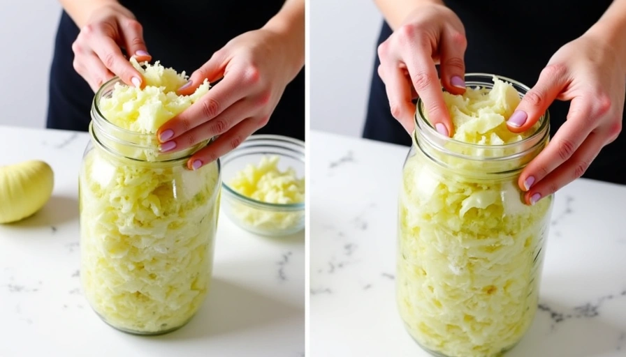Una persona preparando chucrut casero, mostrando el proceso de fermentación con repollo y sal en un frasco de vidrio.