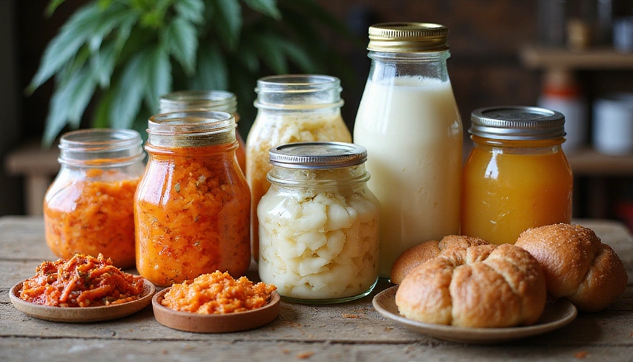 Variedad de alimentos fermentados como kimchi, chucrut, kéfir y kombucha, dispuestos en frascos de vidrio sobre una mesa de madera.