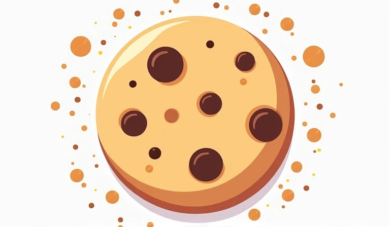 Ilustración de una galleta de internet con pequeños datos flotando a su alrededor, simbolizando una cookie digital.