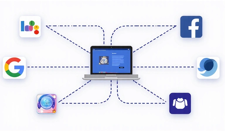Ilustración de múltiples logotipos de empresas de terceros como Google, Facebook e Instagram, conectados por líneas a un sitio web central, representando el uso de cookies de terceros.