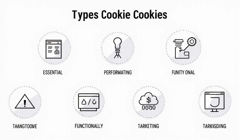 Representación visual de diferentes tipos de cookies, como esenciales, de rendimiento, de funcionalidad y de segmentación, con iconos distintivos para cada una.