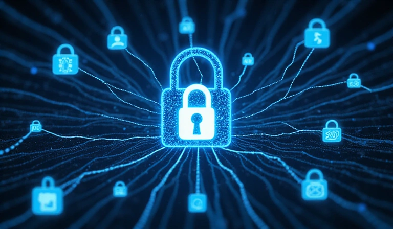 Ilustración de datos personales y privacidad digital, con iconos de seguridad y candados
