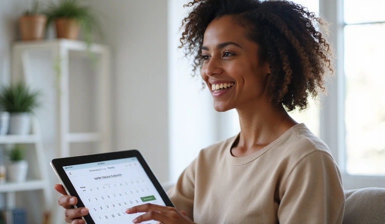Mujer sonriendo mientras agenda una cita online en una tablet
