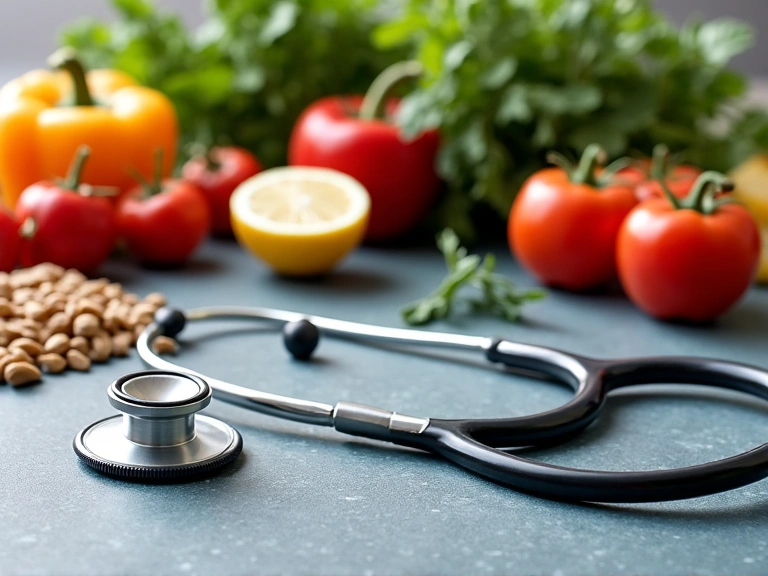 Mesa con alimentos saludables y un estetoscopio, simbolizando la relación entre dieta y salud.