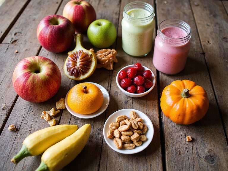Variedad de alimentos energéticos como frutas, frutos secos y batidos en una mesa de madera.