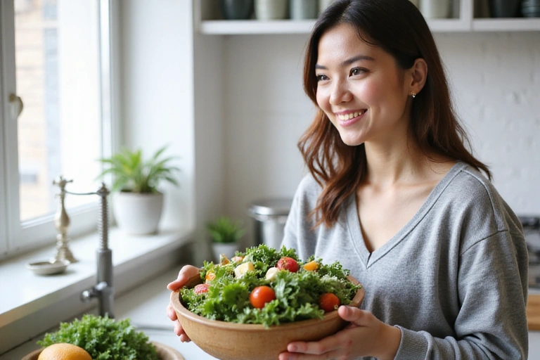 Mujer joven sonriendo mientras prepara una ensalada fresca en una cocina moderna y luminosa