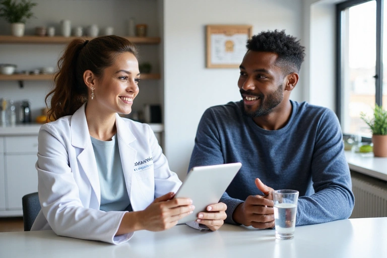 Nutricionista explicando un plan de alimentación a un paciente en una clínica moderna y luminosa