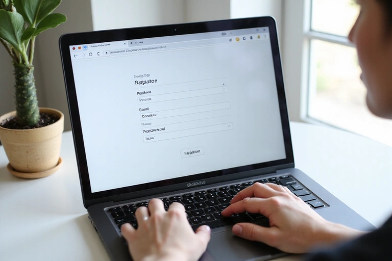 Person signing up on a website with a form on a laptop screen